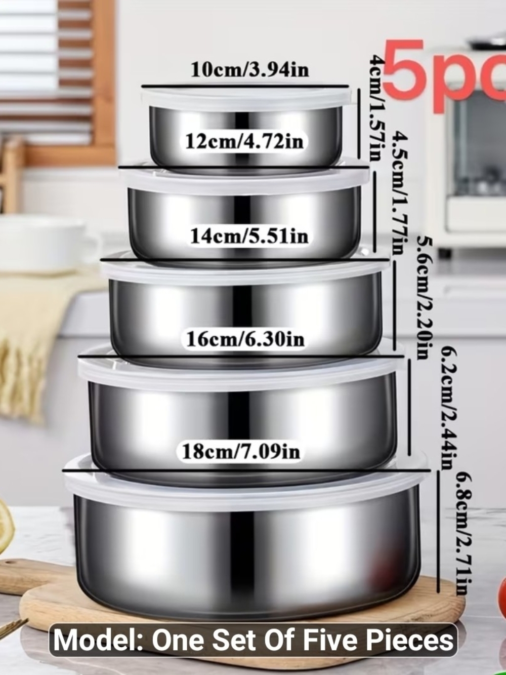 Stainless Steel Food Storage Bowl Set with Clear Lids - 5 Pieces W/Lids